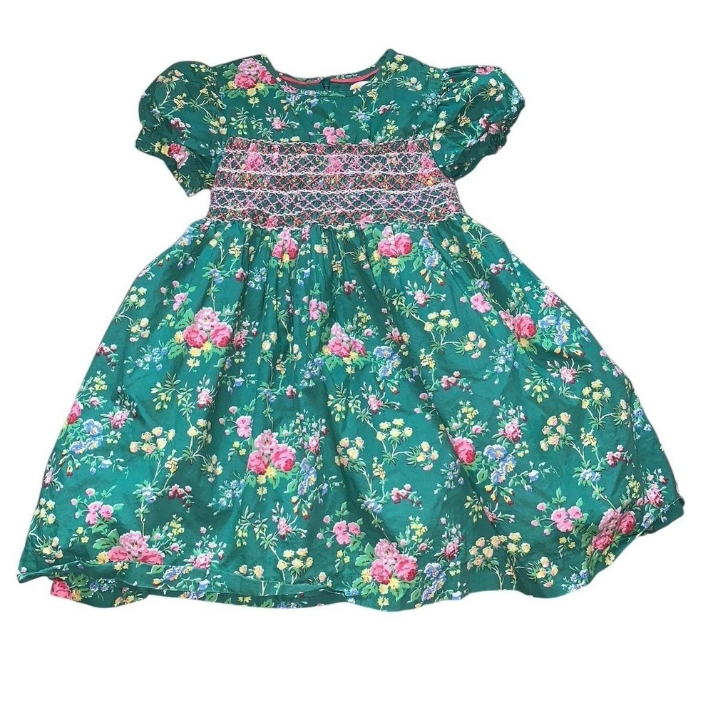 Mini Boden‎ Smocked Dress Girls 4-5Y Green Floral Puff Sleeve Cottagecore G3337
